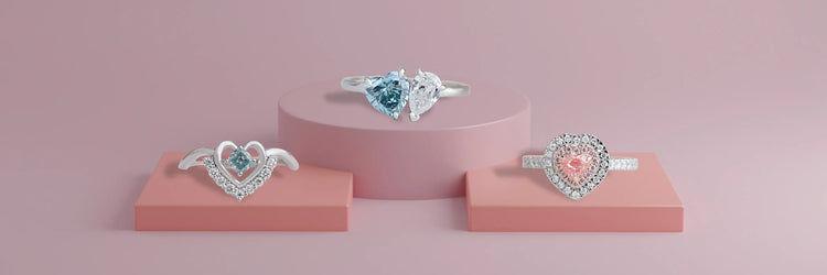 Image showing 3 various style of Heart shape lab-grown diamond engagement rings