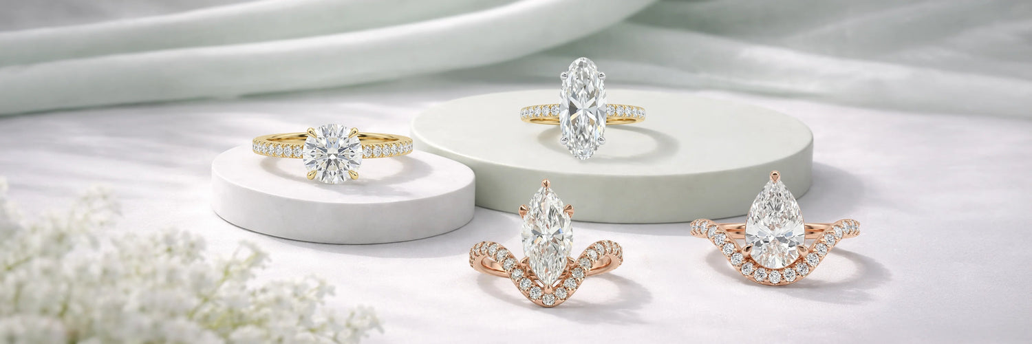 Four lab-grown diamond accent engagement rings in yellow, white, and rose gold — round brilliant, elongated oval, marquise, and pear cut with pavé bands