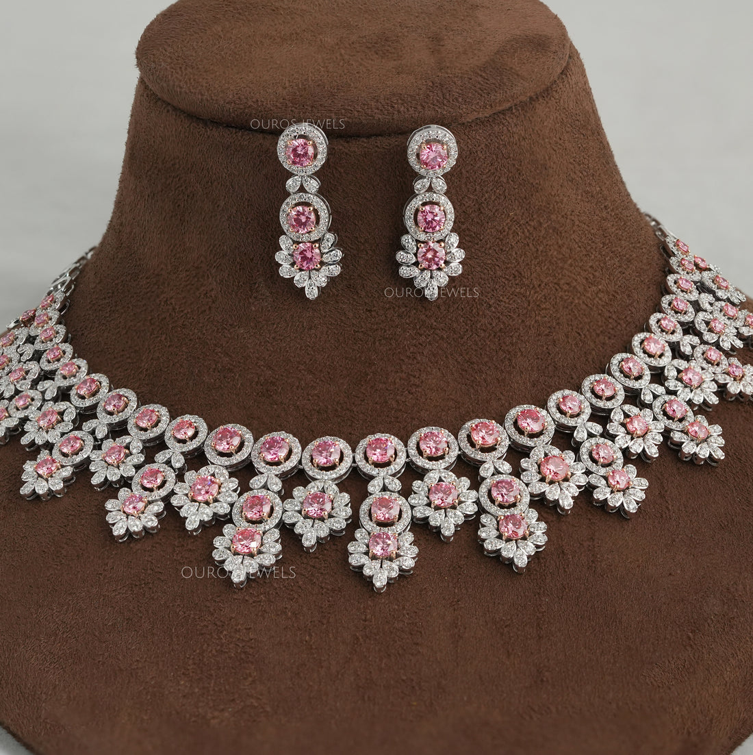 Pink Round Cut Lab Diamond Bridal Necklace Set Necklaces