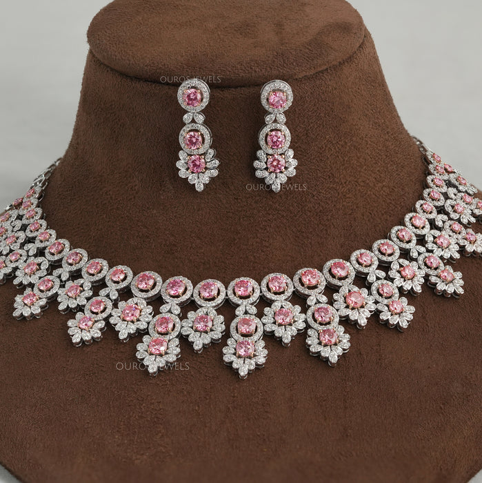 Ensemble de collier de mariée avec diamants de laboratoire taille ronde rose