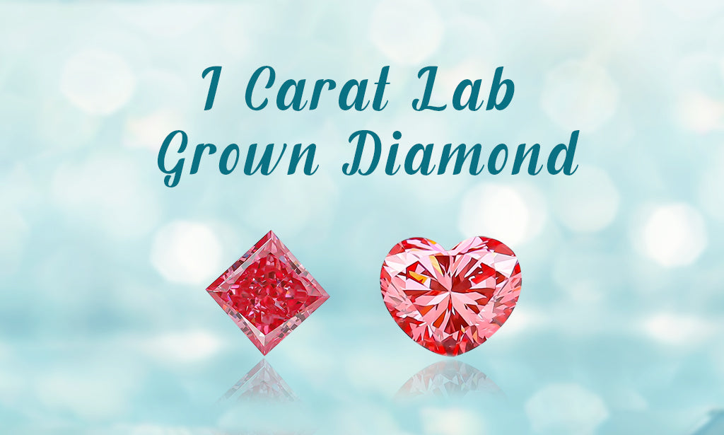 pink color 1 carat lab grown diamond in radiant and heart shape with blue sparkle background 
