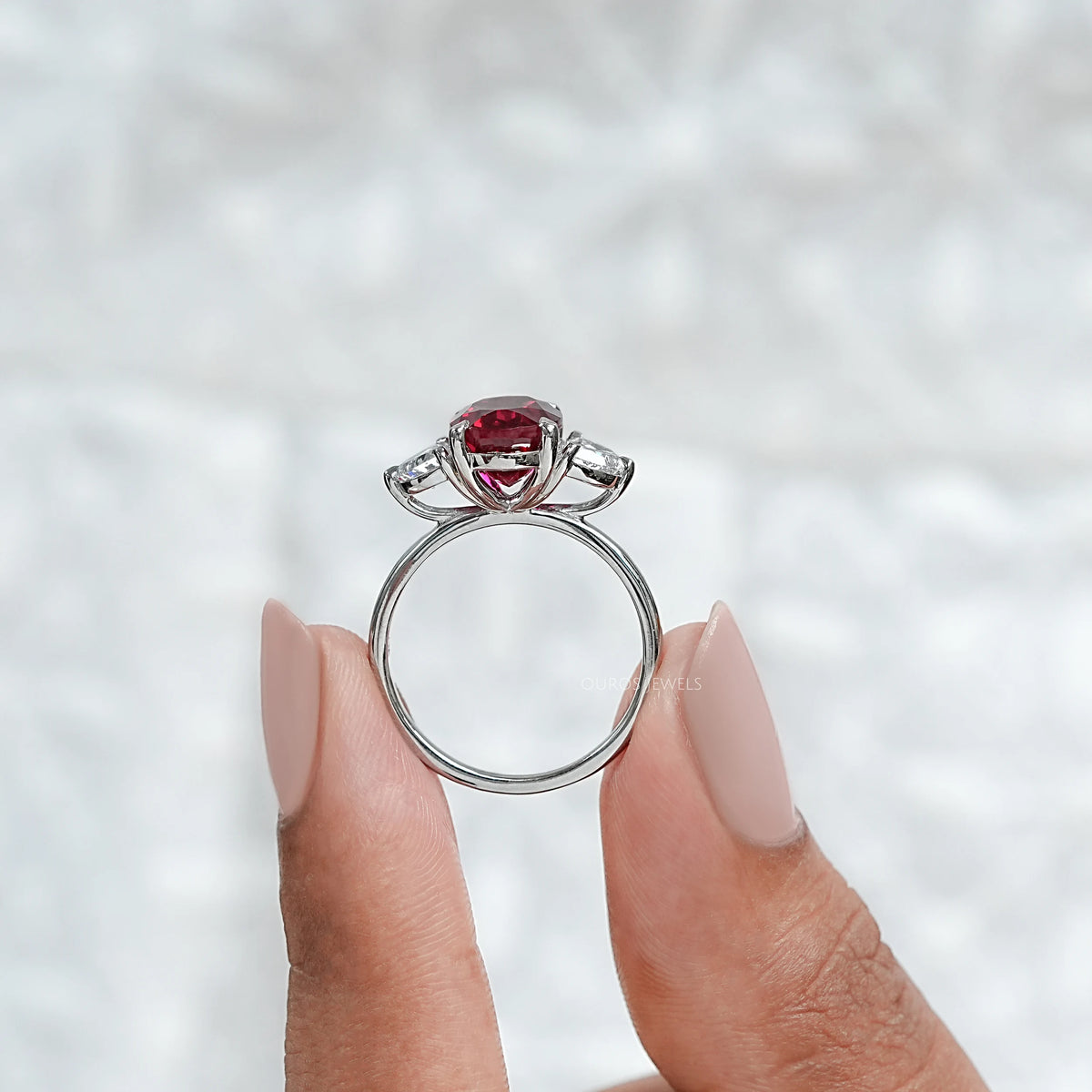 Ruby Oval Gemstone Three Stone Engagement Ring Rings