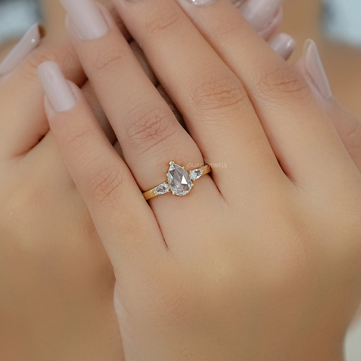 Three Stone Rose Cut Pear Diamond Engagement Ring Ring