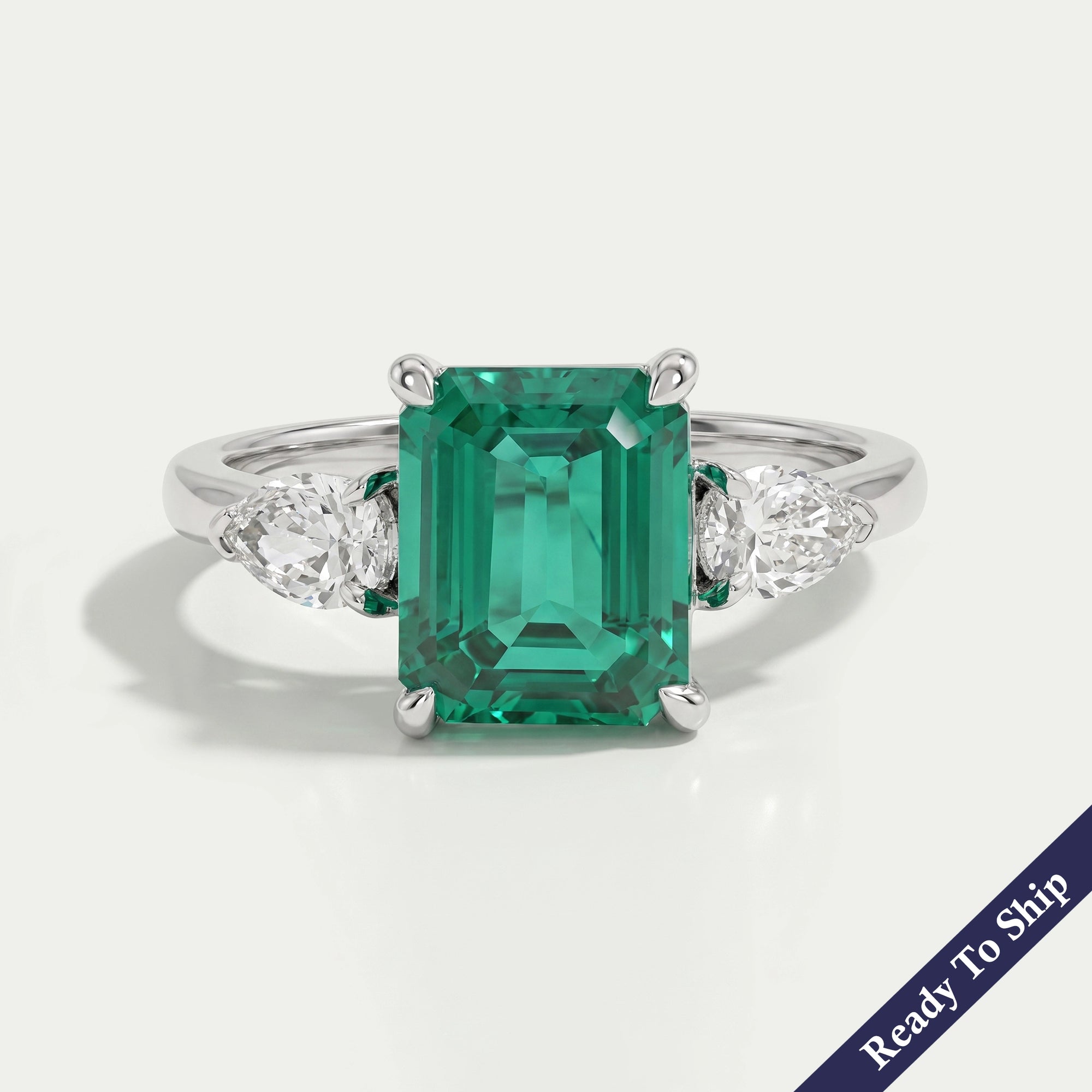 Three Stone Green Emerald Engagement Ring