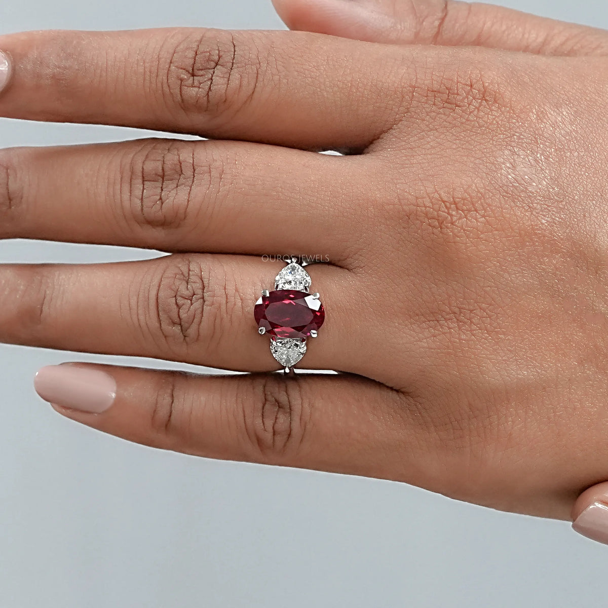 3 Stone Oval Ruby Lab Gemstone Ring Ring