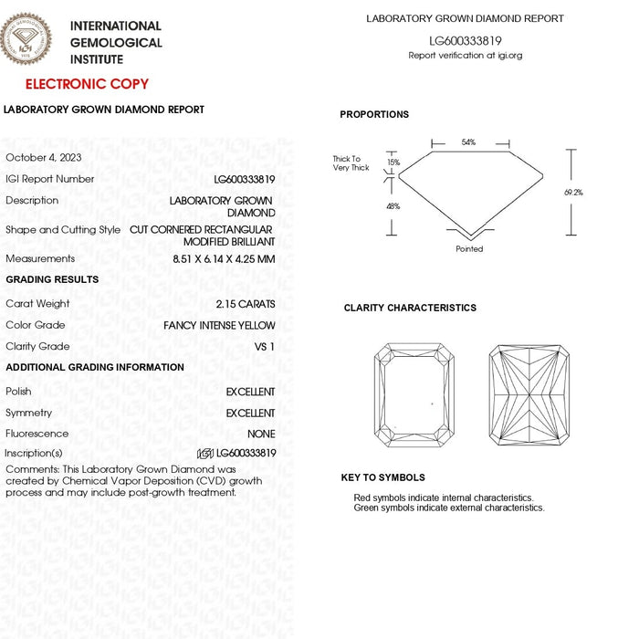 Diamant de laboratoire taille radiant jaune intense fantaisie de 2,15 carats