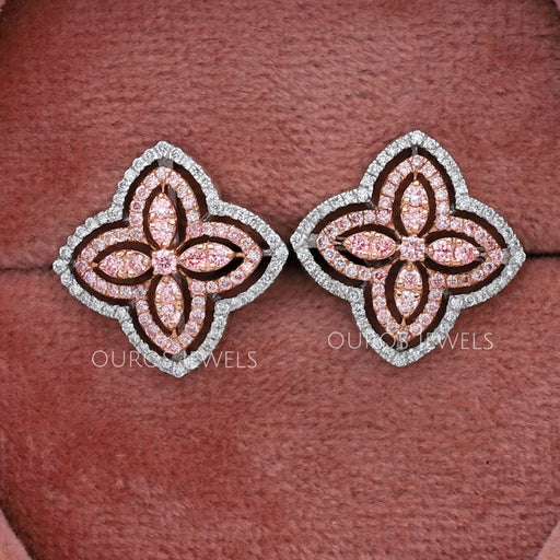 front view of pink round shape lab grown diamond flower stud earrings