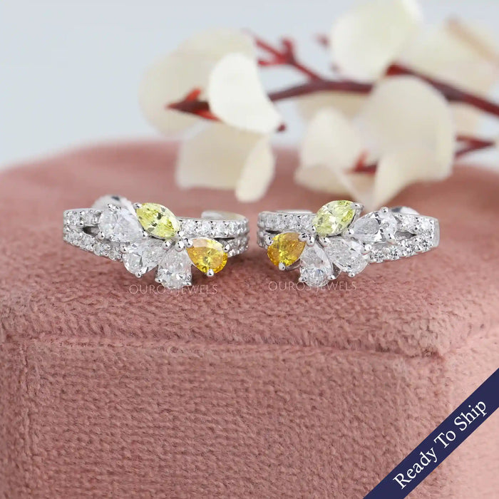 Yellow Pear And Round Cut Cluster Diamond Earrings