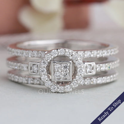 Round Cluster Diamond Triple Shank Halo Ring