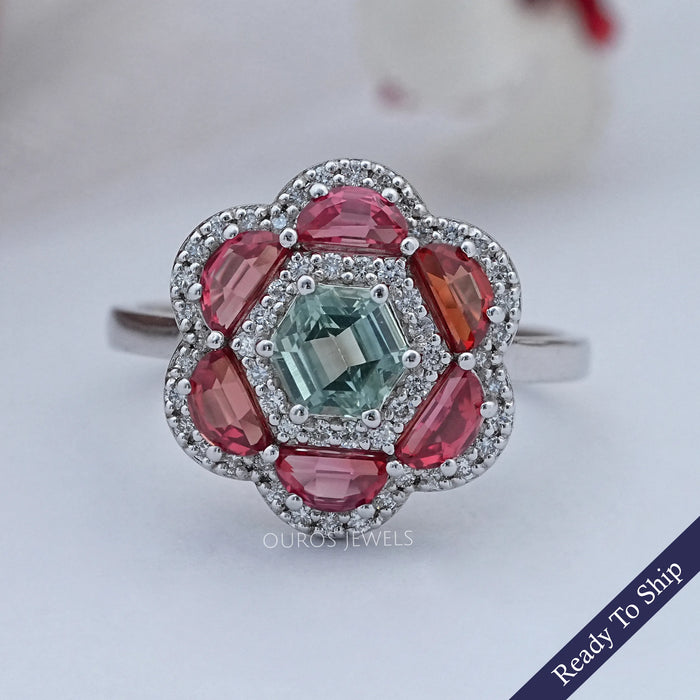 Alexandrite Hexagon Gemstone Double Halo Engagement Ring
