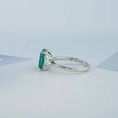Green Emerald With Antique Diamond Three Stone Ring Ring