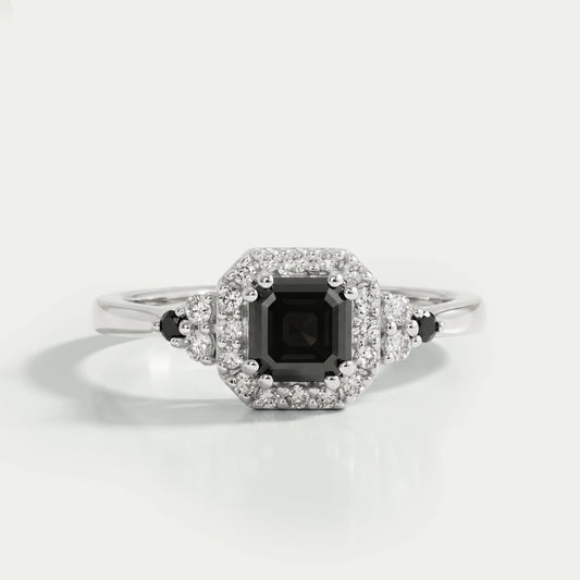 Asscher Cut Black Diamond Halo Ring Ring