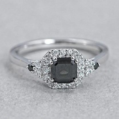 Asscher Cut Black Diamond Halo Ring Ring