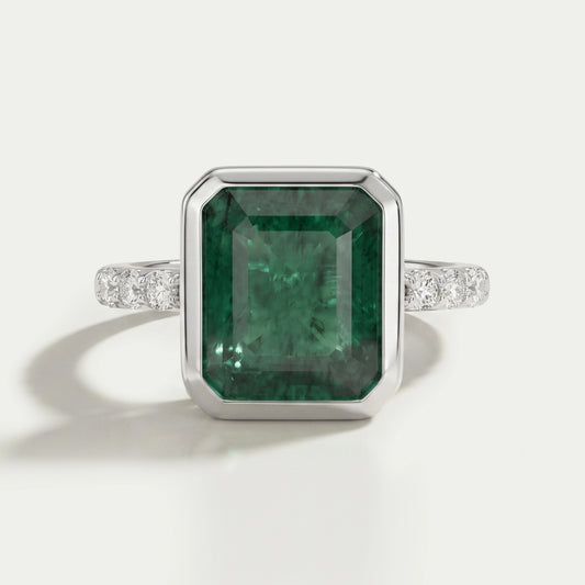 Asscher Cut Emerald Gemstone Bezel Set Ring