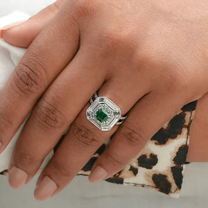 asscher cut gemstone halo anniversary ring