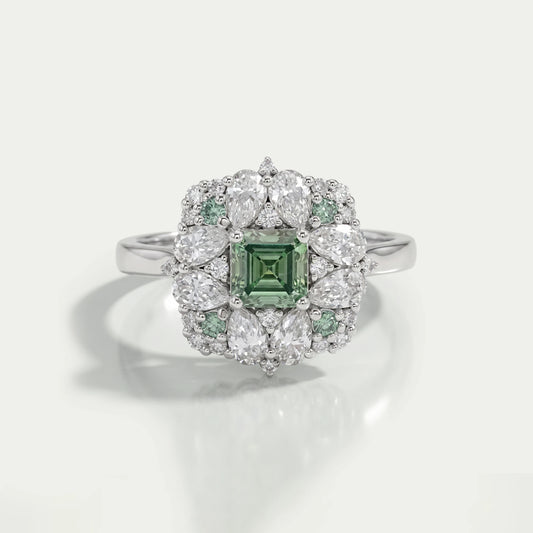 Asscher Cut Green Lab Diamond Cluster Engagement Ring