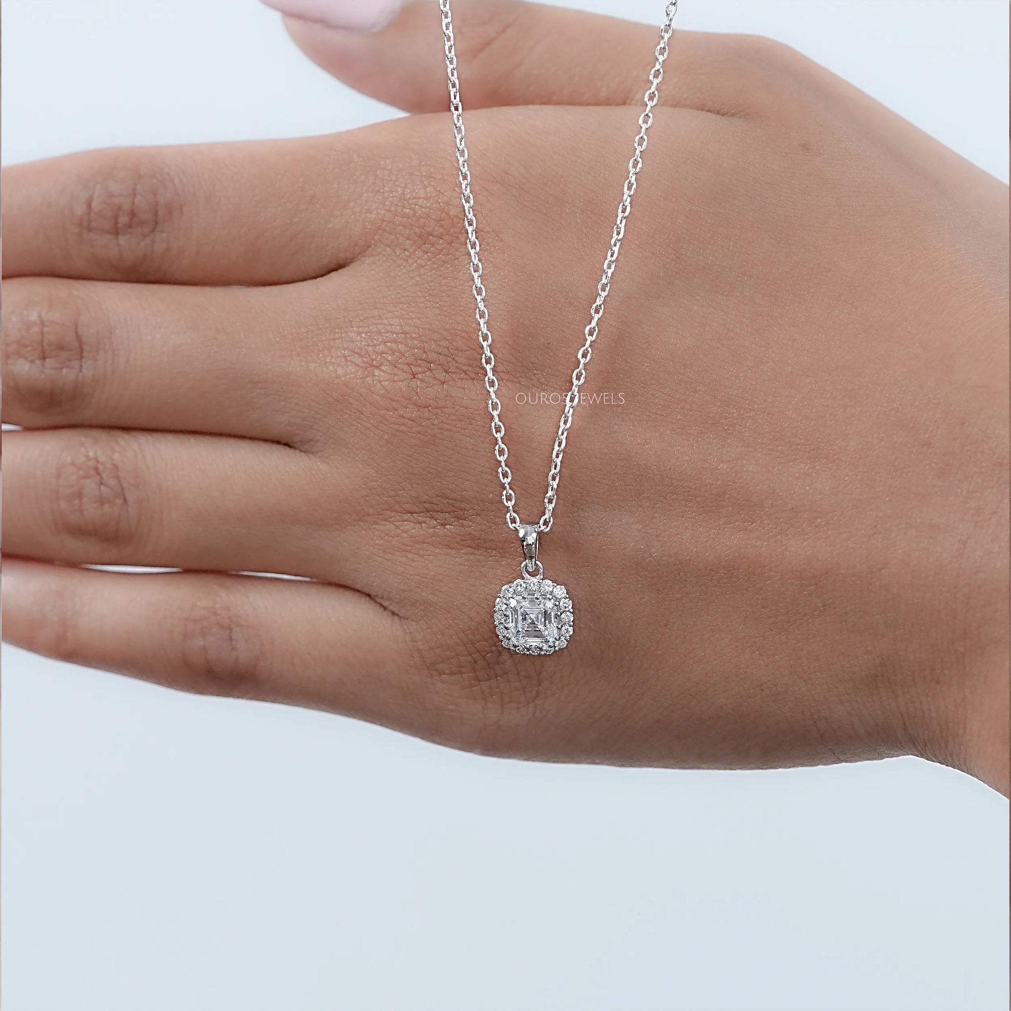 Asscher Lab Diamond Halo Pendant Necklaces