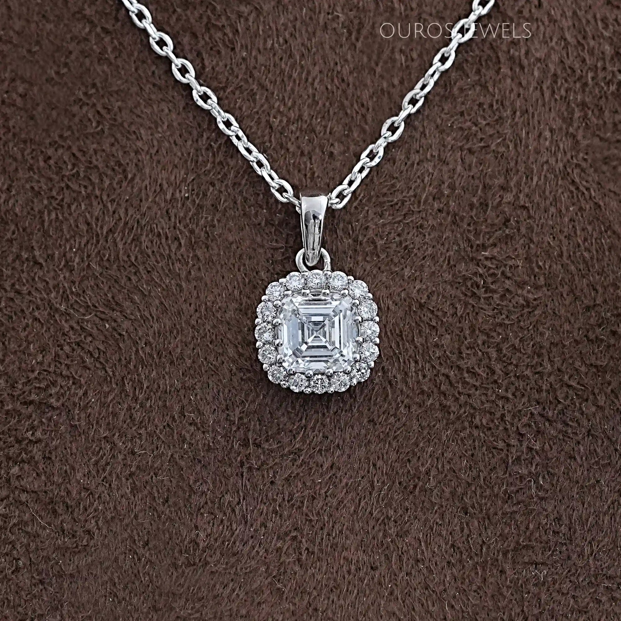 Asscher Lab Diamond Halo Pendant Necklaces