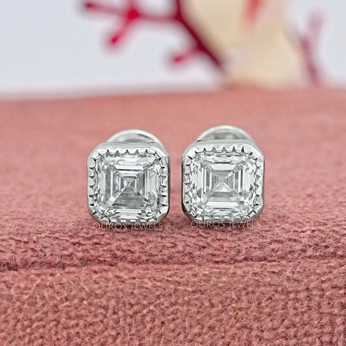 Milgrain Set Asscher Lab Diamond Stud Earrings Earrings