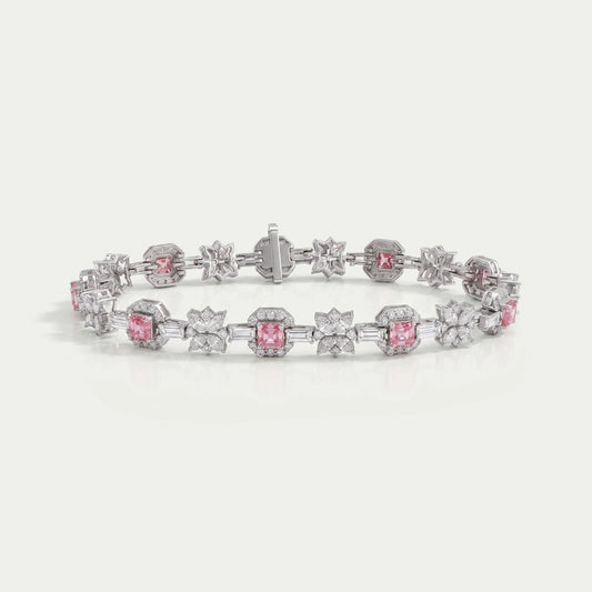Flower And Pink Asscher Diamond Tennis Bracelet Bracelet