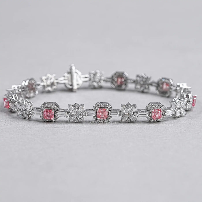 Bracelet tennis en diamants Asscher roses et fleurs