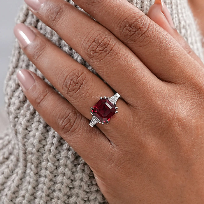 Asscher Cut Ruby Gemstone Tri Stone Ring