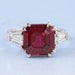 asscher cut ruby gemstone double prong three stone engagement ring's front view