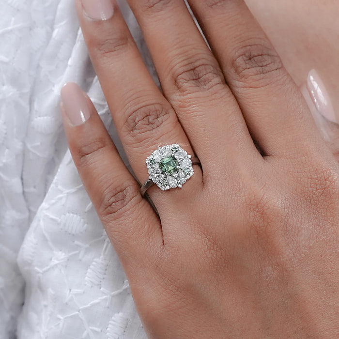 Asscher Cut Green Lab Diamond Cluster Engagement Ring