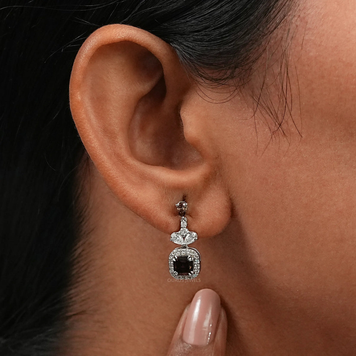 Champagne Asscher Cut Halo Dangle Earrings Earrings