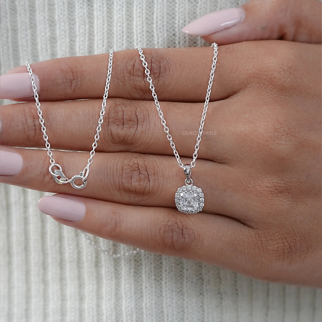 Asscher Lab Diamond Halo Pendant Necklaces