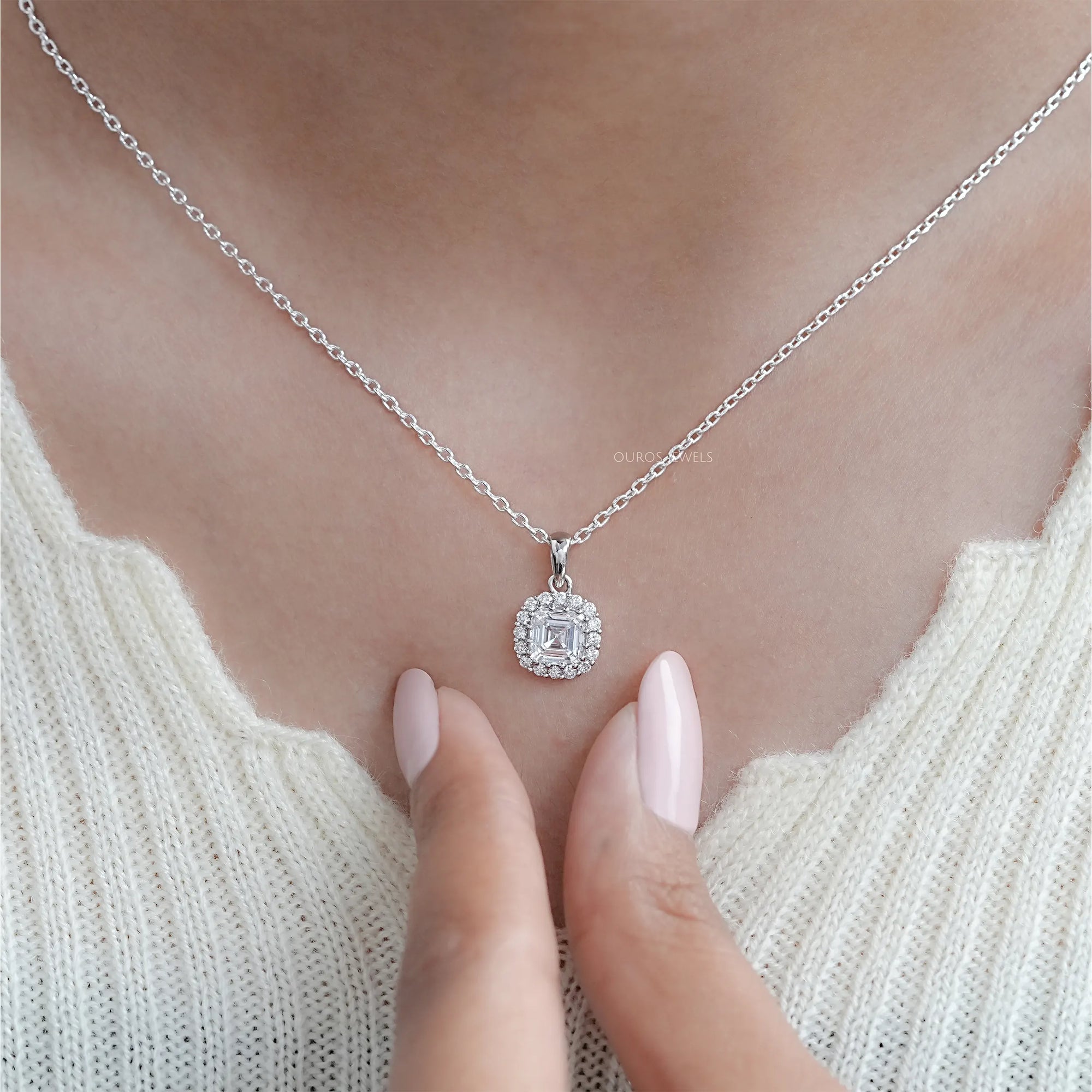 Asscher Lab Diamond Halo Pendant Necklaces