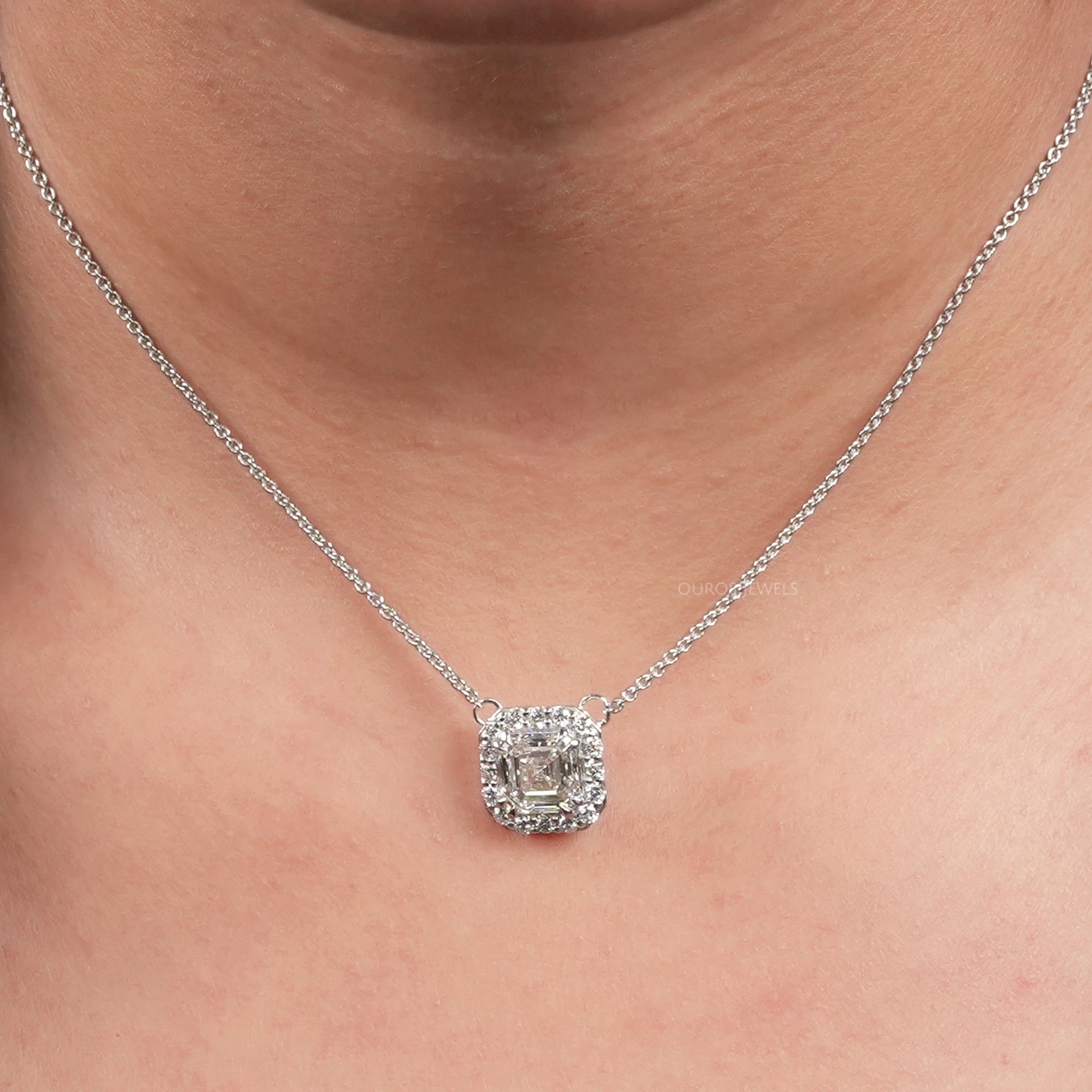 Asscher Cut Lab Diamond Halo Pendant Necklaces