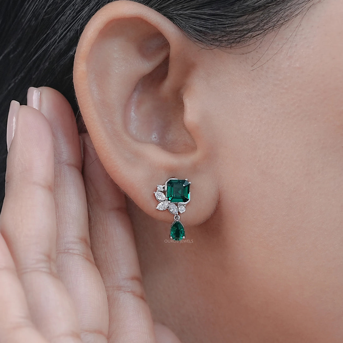 Green Asscher Gemstone And Marquise Diamond Drop Earrings