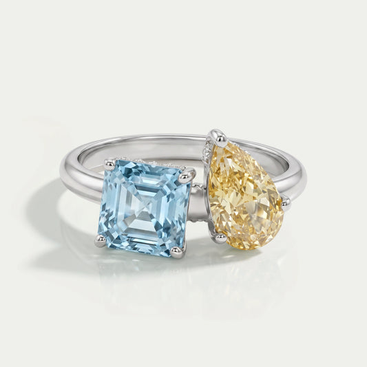 Asscher and Pear Toi Et Moi With Hidden Halo Ring