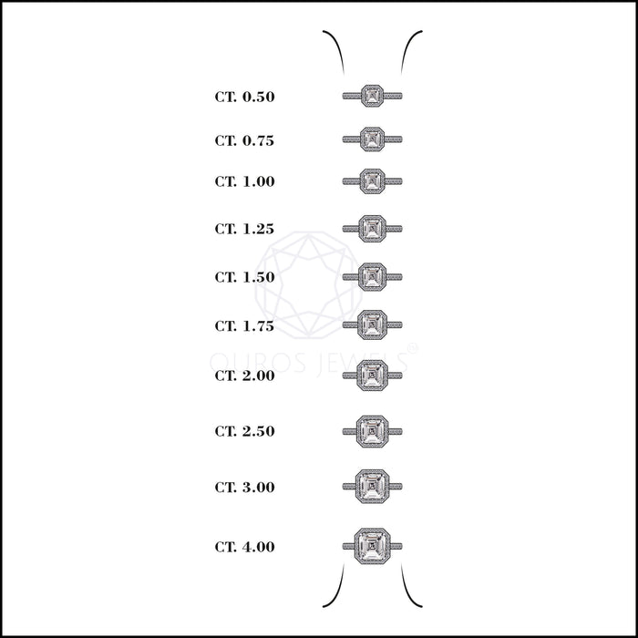 carat's chart of asscher cut lab diamond halo engagement ring