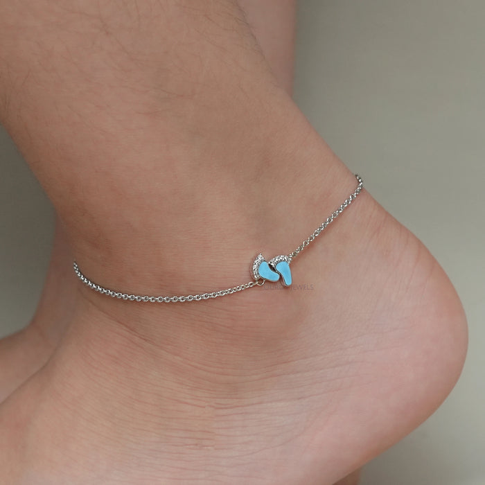 Enamel Blue Baby Foot  Print Round Diamond Anklet