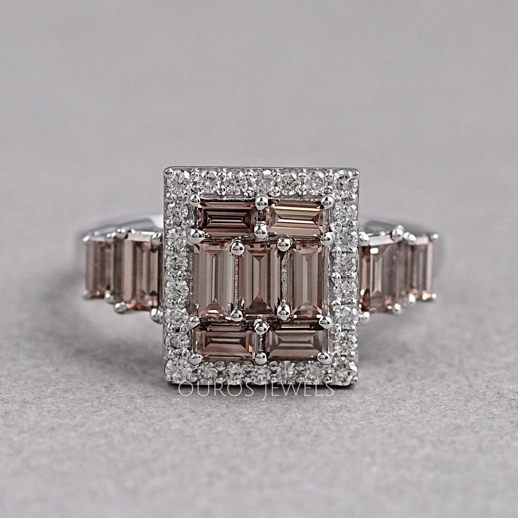 front view of brown baguette diamond cluster square halo engagement ring