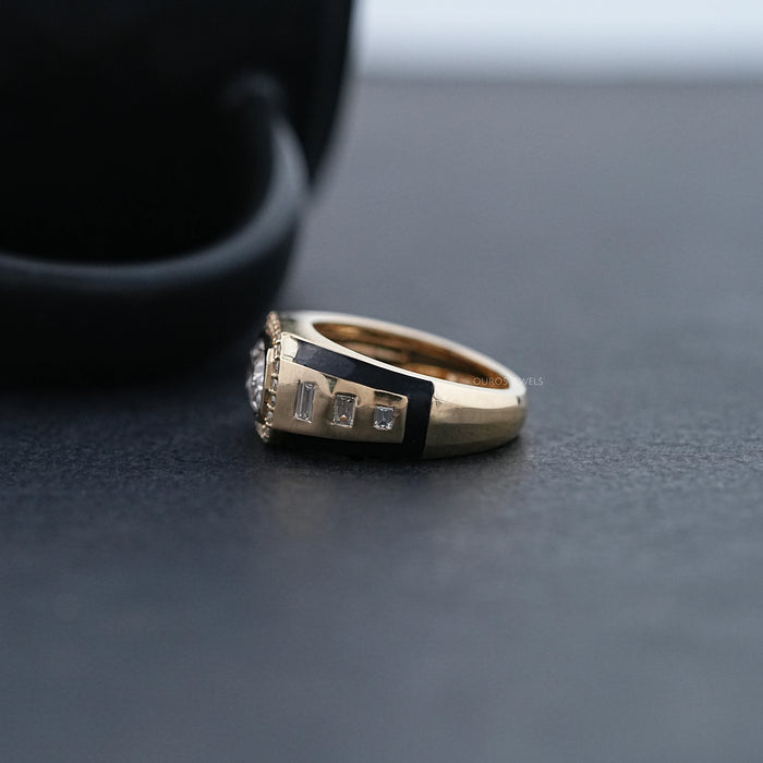 left view of east west radiant cut lab diamond halo men's wedding band