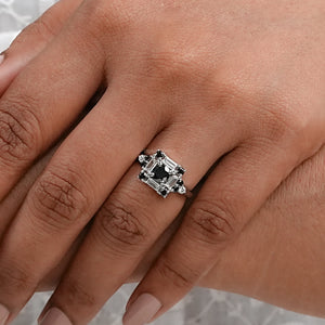 Black Round Cut Halo Baguette Diamond Ring