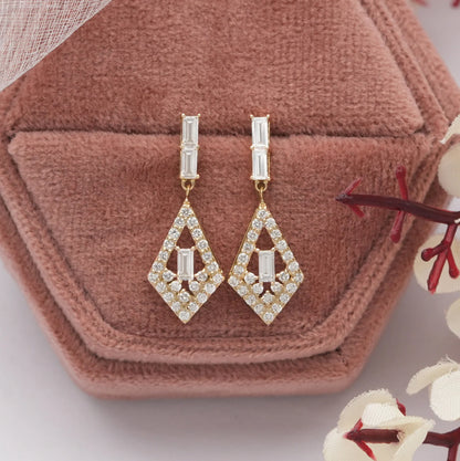 Baguette Cut & Round Halo Lab Grown Diamond Drop Earrings