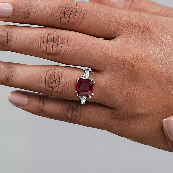 Asscher Cut Ruby Gemstone Tri Stone Ring