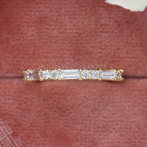 front view of baguette and round lab diamond half eternity band ring yellow gold