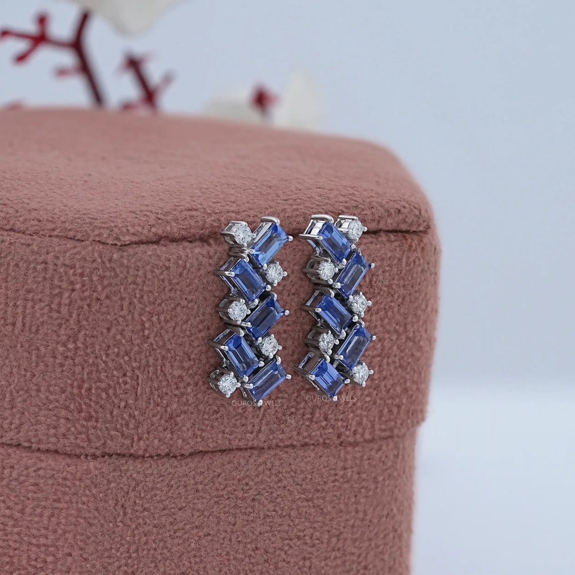 Sapphire Baguette And Round Diamond Drop Earrings