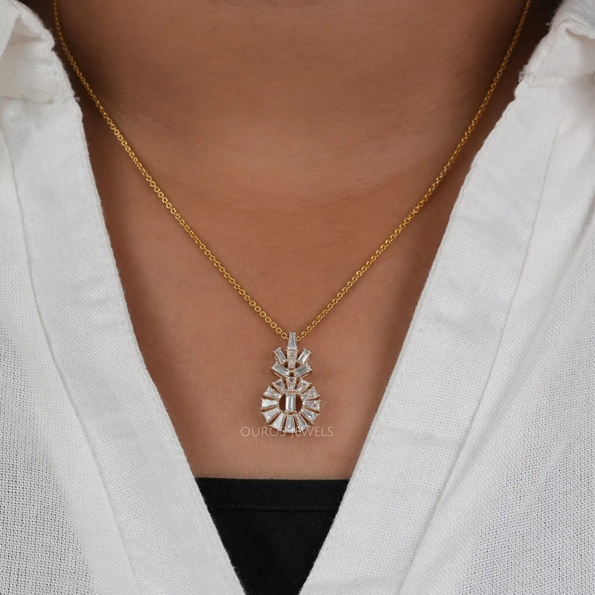 Yellow Gold Tapered Baguette Cut Lab Diamond Pendant