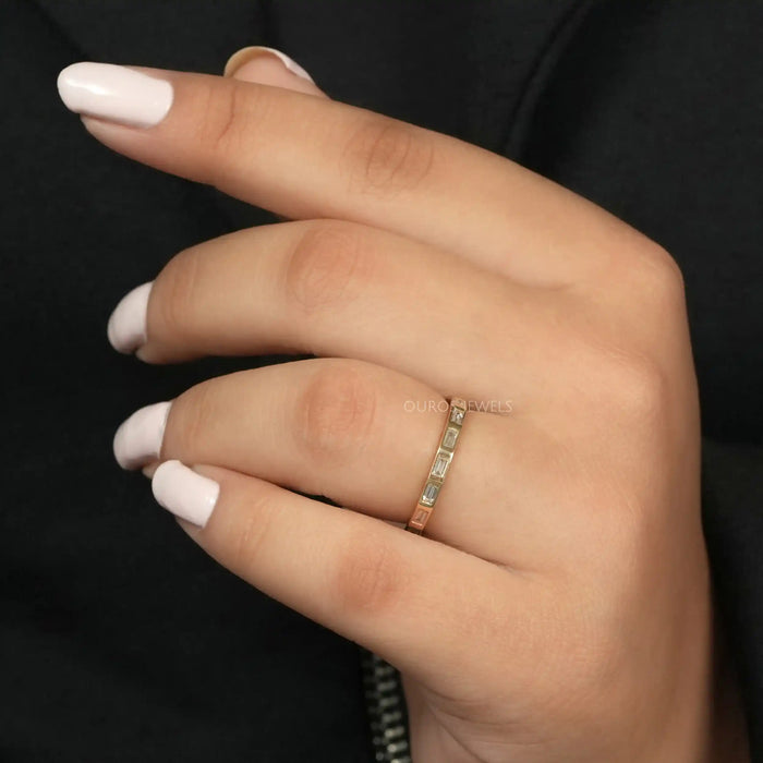 [A Women Wearing Baguette Cut Diamond Ring]-[Ouros Jewels]