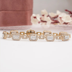 Baguette Cut Lab Grown Diamond Halo Tennis Bracelet