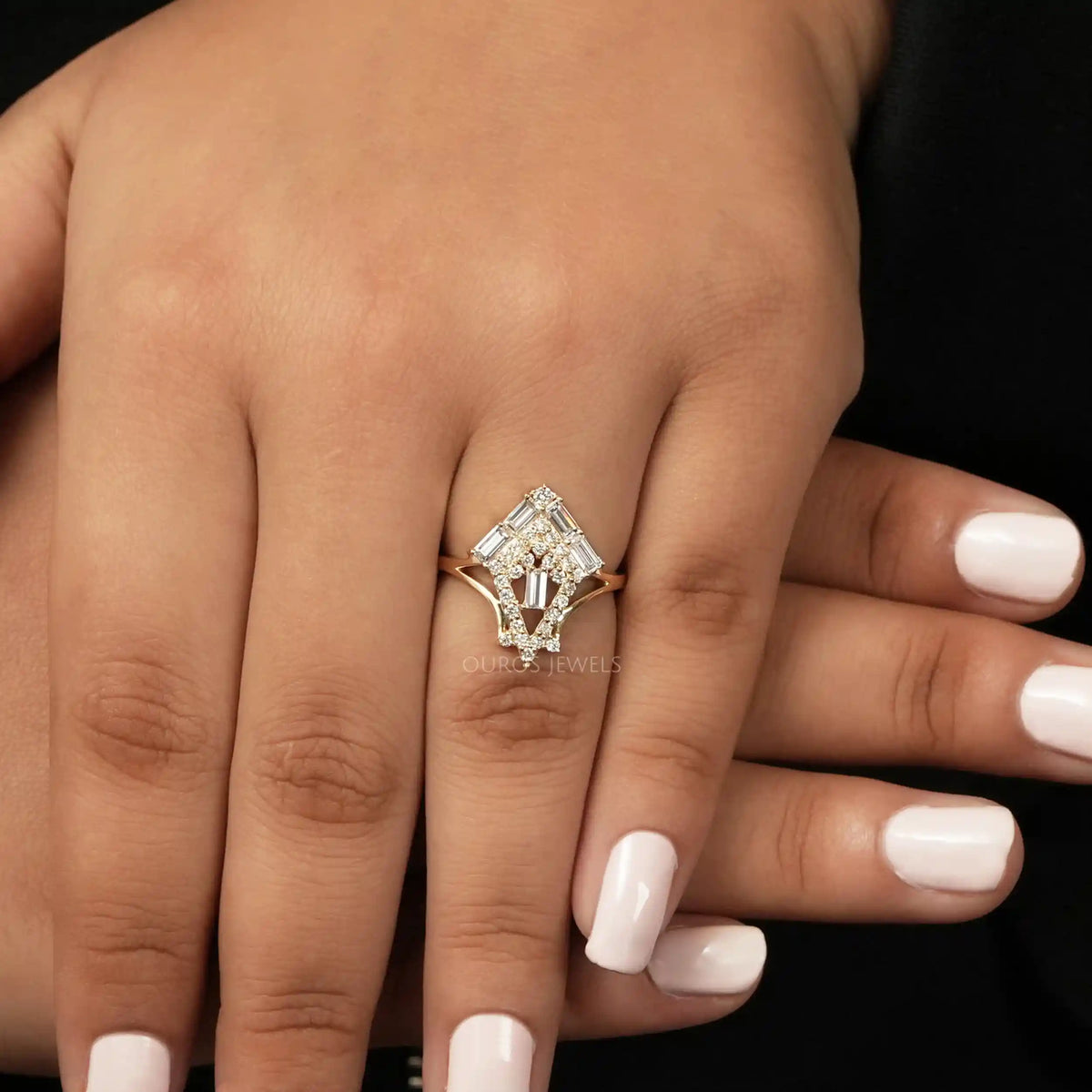 Baguette And Round Cut Lab Diamond Chevron Ring