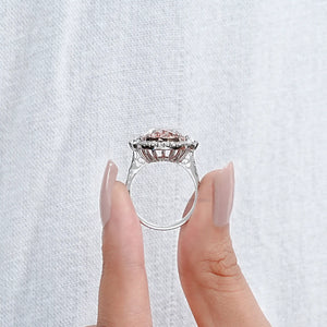 Trapezoid With Pink Oval Accent Halo Diamond Ring