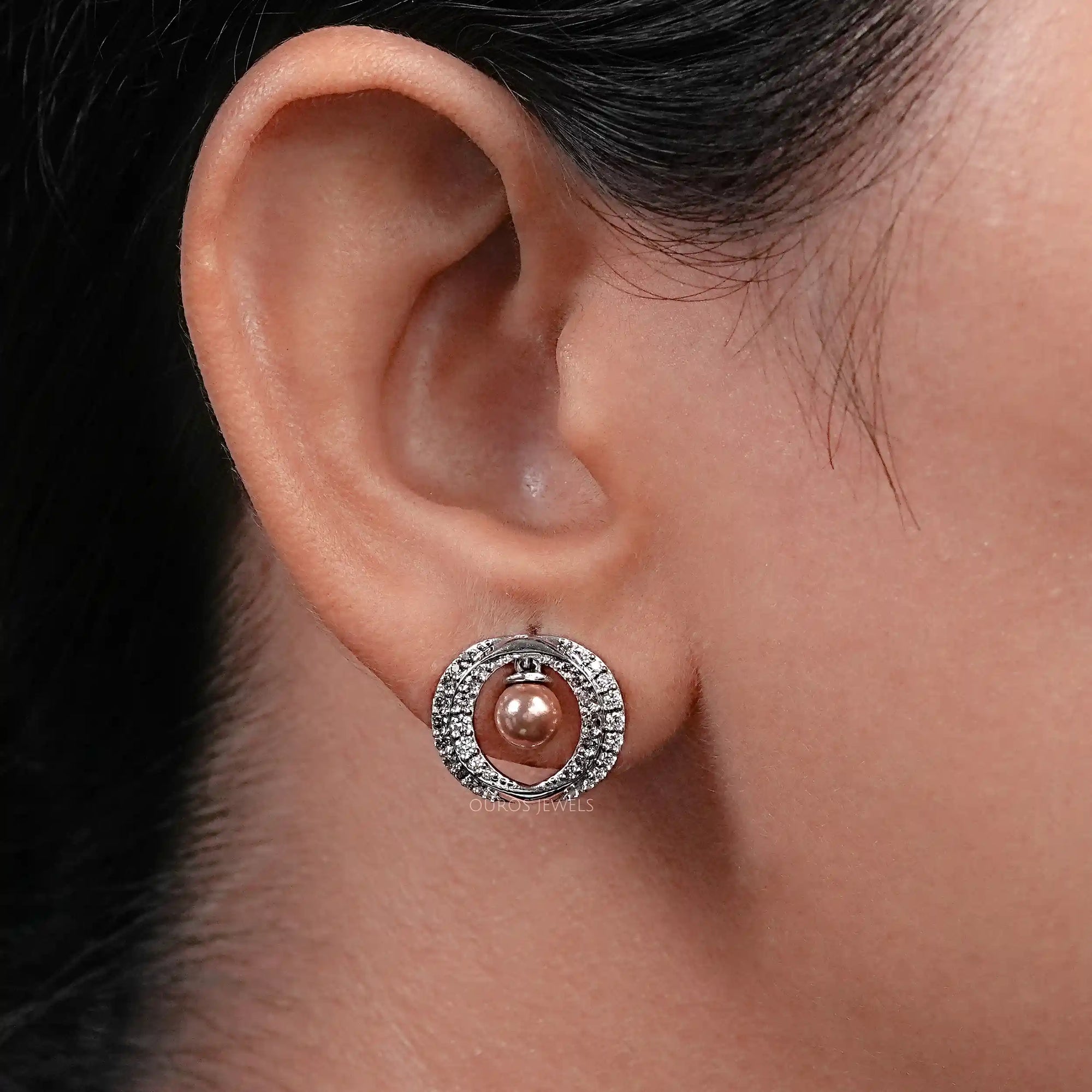 Round Diamond Halo Pearl Earrings