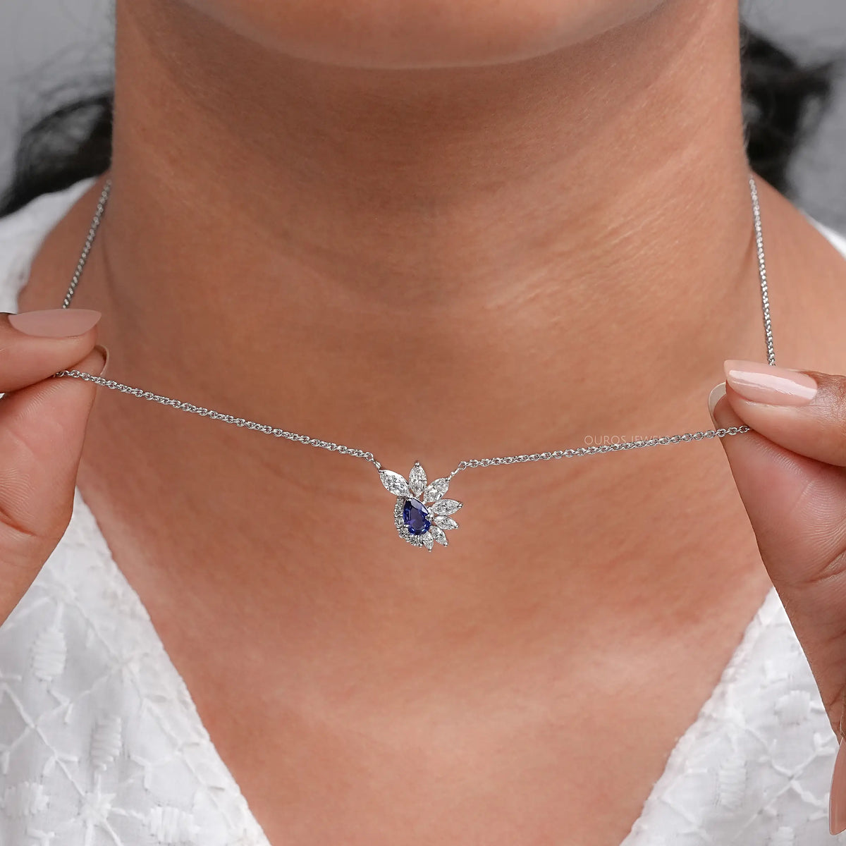 Blue Sapphire And Diamond Floral Cluster Pendant Necklace Necklaces